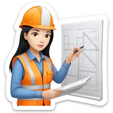 Female civil engineer with long black hair wearing white helmet and an orange safety vest looking at A3 drawing plan on her hand  sticker