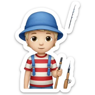 Little boy on the dock fishing, felt texture, scrapbooking, precious moments style character sticker