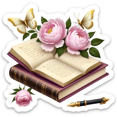 A vintage silk-bound poetry book, its cover embossed with golden floral motifs of pink roses and white peonies, resting on an antique writing desk with an ivory quill and a pearl butterfly sitting lightly on the book’s pages.
 sticker