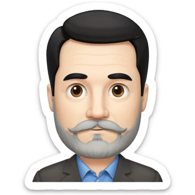 50 yr old white man, pale skin black hair with some grey highlights, side swept part, groomed moustache and beard sticker