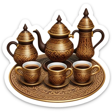 Turkish Coffee Set – Cinematic Realistic Turkish Coffee Set, depicted as an elegantly arranged ensemble of ornate coffee cups and a traditional cezve pot, adorned with intricate patterns and rich, warm colors, rendered with detailed textures and soft ambient lighting that captures its cultural heritage. sticker