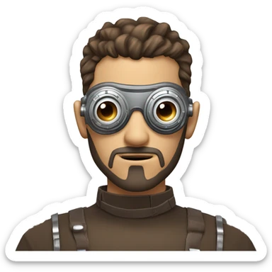male cyborg head with brown shirt hair, brown beard, silver steampunk goggles and circuits sticker
