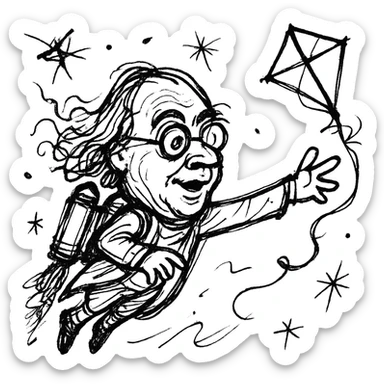 Ben Franklin with jetpack, left hand holding diamond kite, right arm out as if flying, minimalist black outline, slightly chaotic lines sticker