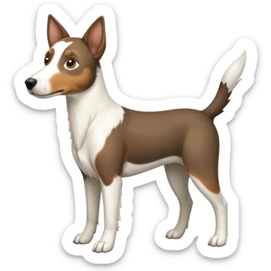 a full body large white floppy eared parson russell looking dog the size of a kelpie with light brown ears and a light brown patch on one eye and a large snout sticker
