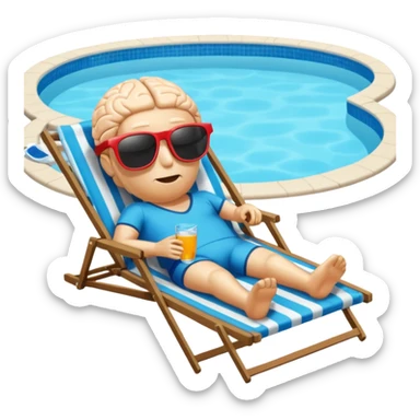 A brain (no body)  lies in a deck chair wearing sunglasses at the edge of the pool. sticker