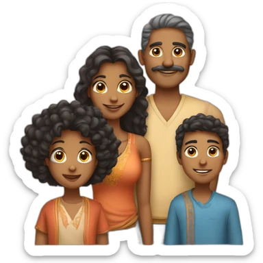 indian family with one dad and one son straight hair and one mom and one daughter curly hair sticker