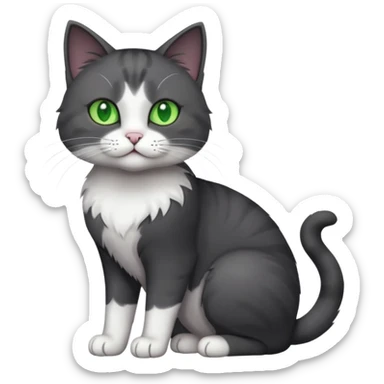 full body view of beautiful female solid dark grey cat with green eyes, white toes/paws and white patch on her chest sticker