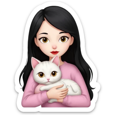 Beautiful Skinny Girl Long Hair black, Skin White, Sweater Pale Pink , Big Red Lips, Eyes coffe,Hug baby Persa Cream Cat Cutes big eyes sticker