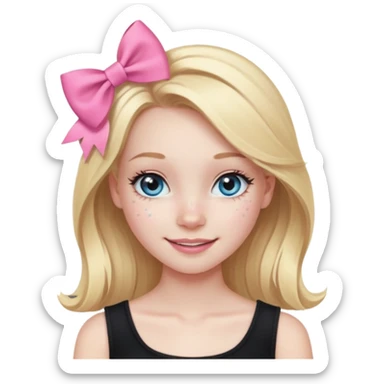 A blonde girl, teen, pale skin, freckles, light blu eyes, lashes, smiling, black top, pink coqquete bow in hair sticker