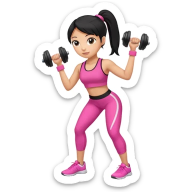 A tan girl with black hair in a ponytail. Wearing a pink gym set. Picking up dumbells sticker