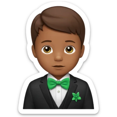 baby boy brown hair in suit, with green bow sticker