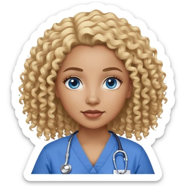 African American woman with curly blonde hair and blue eyes in scrubs sticker