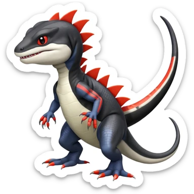 Black and white Orca-hybrid-reptile-reptilian-lizard-skink-gecko-Digimon-Fakémon-Pokémon-fusion-hybrid full body, two legs, two arms, claws, anthropomorphic, with red stripe sticker