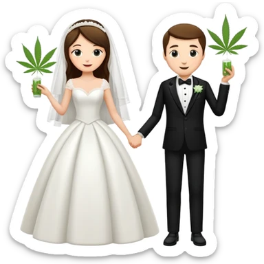 A bride in white wedding dress and groom in tuxedo, full body, sharing cannabis, wedding couple, different pose sticker