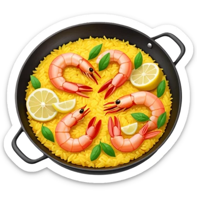 paella emoji, small pan with rice, shrimp, and lemon wedges sticker