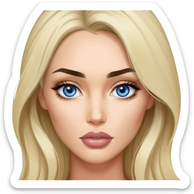 A blonde grey highlights Megan fox with blue grey eyes and nude lipstick on and bushy eyebrows sticker