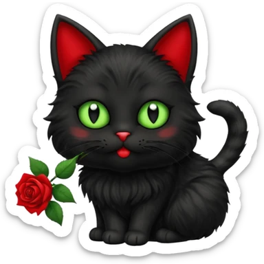 Cute emoji-style black cat holding a red rose in its mouth, big round eyes with light green sclera and black pupils, fluffy fur, clean mascot style, centered, soft beige background, 1:1 ratio. sticker