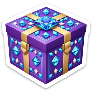 gift box . The square box displays vibrant purple panels with shimmering blue accents and intricate metallic detailing along its borders. Embed decorative gemstones and crystals at each corner for added visual interest. sticker