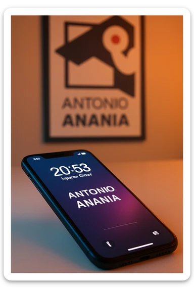 A photo of an iPhone on the desk with the message "Antonio Anania" on its screen, The phone sits atop a desk with a blurred background that suggests work environment. A faint glow from above casts gentle shadows across the surface of each object, creating depth and highlighting their textures sticker