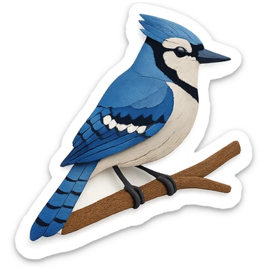 close-up of a blue jay perched on a tree branch, fine paper edges, vivid blue and black markings sticker