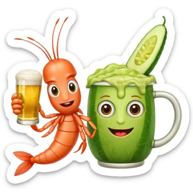 Create a modern emoji-style illustration of two shrimp characters, friendly and cool, slightly cartoon but stylish, not childish.
They are toasting (‘salud’), one shrimp holding a beer mug with aguachile topping, the other holding a fresh aguachile bowl with cucumber and chili.
  sticker