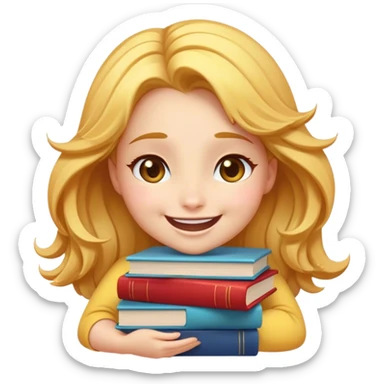 Cinematic Adorable Belle Portrait Emoji, Giggling as she hugs a stack of books, eyes twinkling with excitement, golden hair tousled slightly, a perfect mix of beauty and endearing nerdiness! sticker