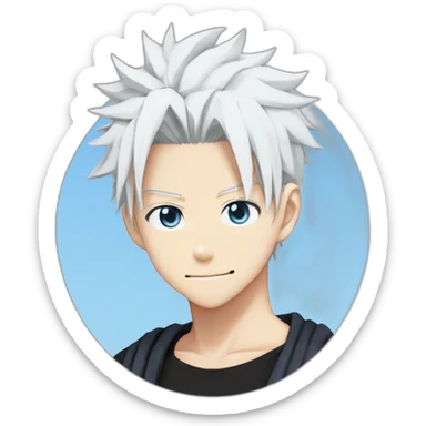 gojo satoru from jujutsu kaisen with white manga hair style, blue sky eyes and wear a black tight tshirt sticker