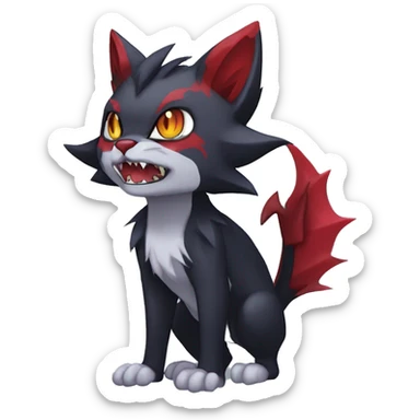   cool edgy fantasy anime-style dark animal vampiric Litten-Zoroark-Nargacuga-cat-hybrid Fakemon with big fangs and bat-ears full body sticker