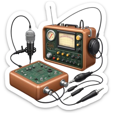 A photorealistic icon featuring a ham radio transceiver, headphones, microphone, antenna, and radio equipment like soldering tools and cables. The design includes detailed textures and realistic lighting, symbolizing the passion for amateur radio and communication. Transparent background. sticker