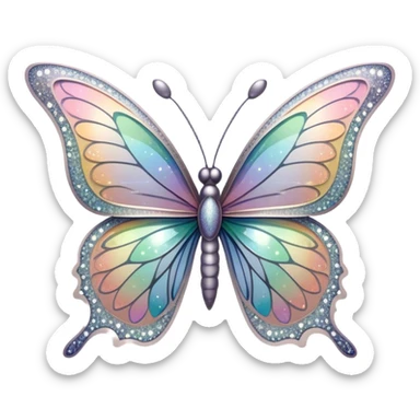 Pastel sparkly grey glittery iridescent rainbow transparent butterfly with detailed intricate patterns sticker