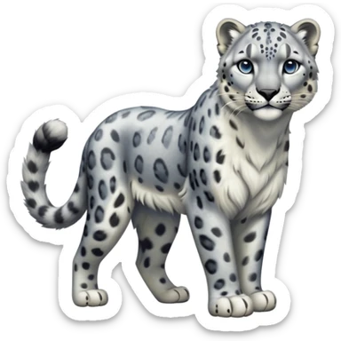 Cinematic-Snow-Leopard-Realistic-Full-Body-Standing-Emoji – Tail curled gracefully, head tilted dramatically, dense spotted fur shimmering in the cold mountain air, powerful yet elegant frame, simplified yet realistic focused features, highly detailed, glowing with an almost sarcastic glow. sticker
