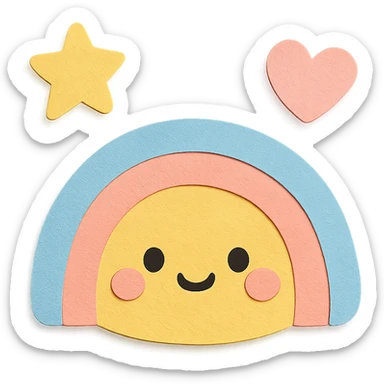 kawaii tiny rainbow, floating star and heart, soft pastel palette, no arms or legs, transparent background, full body, paper craft style sticker