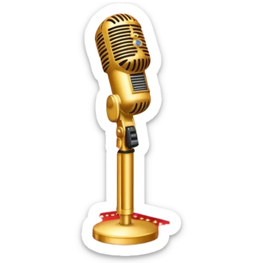 Create a glamorous and vibrant emoji that represents pop or stage vocal performance. The design should feature a vintage stage microphone on a red carpet, with a spotlight shining on it. The stage should be empty but illuminated with concert lights, creating an atmosphere of excitement. Add elements like a festive firework display and a sparkling costume with rhinestones. Surround the scene with a ribbon made of musical notes to symbolize the connection to music. Use bright colors like gold, red, and silver, with a touch of sparkle to convey the glamour and energy of pop vocal performance. The background should be transparent. sticker