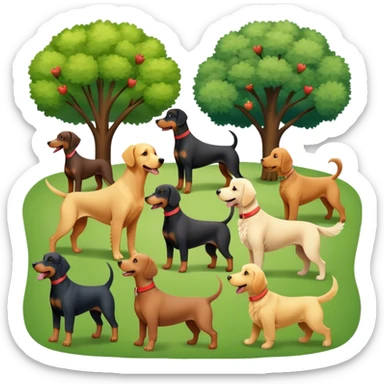 Collage of various dog breeds like Doberman, Poodle, Dachshund, and Golden Retriever, playing in a park with trees and grass. Some dogs run, others sit, all are full of energy and happiness. A joyful, colorful scene with playful expressions. Transparent background. sticker