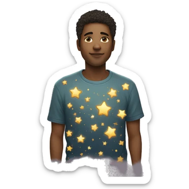 Person wearing t shirt filled with golden stars galaxies celestial sticker
