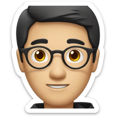 A mature Chinese boy with black hair and circle-shaped eyeglasses wearing black hoodie and ✌️ shaped hands sticker