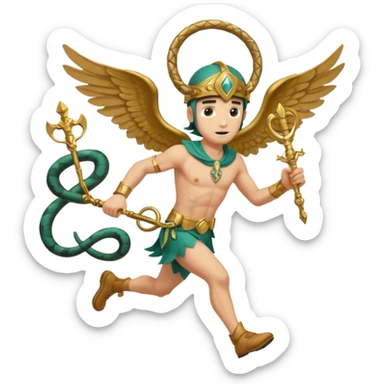 a guy (hermes) running with his caduceus (winged staff + two nakes) and a petasos on his head (winged helmet) sticker
