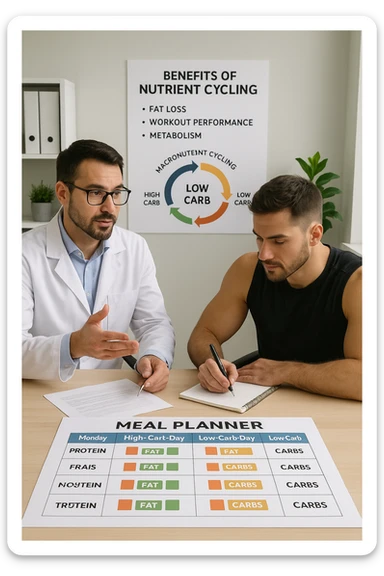 a nutritionist explains to an athlete how to cycle macronutrients for fat loss and training. On the desk, a weekly meal planner shows alternating high-carb and low-carb days, with color-coded sections for proteins, fats, and carbs. The athlete takes notes, and a chart in the background illustrates the benefits of nutrient cycling. The mood is professional and educational. scritto in italiano sticker