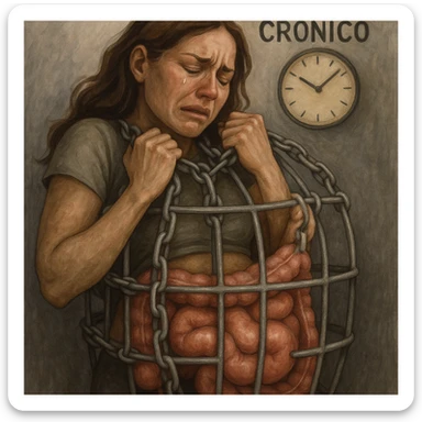 emotional realism wellness illustration of a woman trapped in a cage made of silver chains representing contracted pelvic muscles, her hands pulling at the chains, bloated intestines pressing against the bars, a clock ticking with the words 'Dolore Cronico', muted tones, symbolic style sticker