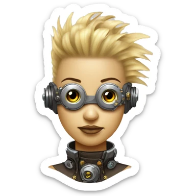 Light yellow Mohawk hair female cyborg head, tan skin, steampunk goggles and circuits sticker