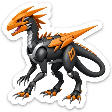 Cool Futuristic Black Orange Cyber-Digimon-Fakemon-Velociraptor-Silvally-Guilmon-Wargreymon-Mecha-fusion (full body) sticker