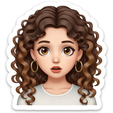 cute girl with not volominous VERY LONG curly/wavy brunette hair with balayage, brown eyes, full lips, cute makeup and hoop earrings white girl. wearing an aesthetic top. SHOCKED FACE sticker