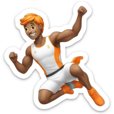 male athletic parcour athlete in orange white cloths, captured mid-air sticker