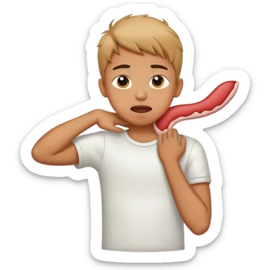 A boy crossing his arms holding his neck sticking his tongue out sticker