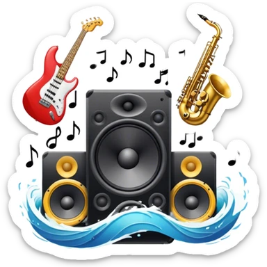 Icon for R&B Music Listening: large concert speakers and headphones with waves of musical notes coming out, along with drums, bass guitar and saxophone. The icon should convey the energetic and rhythmic vibe of R&B music. Transparent background sticker