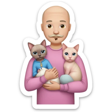 A bald white man in a shirt with a moustache and beard is holding a Siamese cat in his arms. Next to him stands a woman with light hair in a pink dress, holding a white Sphynx cat in her arms sticker