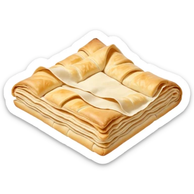 flat sheet of raw puff pastry, pale buttery tone, visible folded layers along edge, smooth matte surface, light flour dusting, slightly rounded corners, soft yet structured dough, no filling, no tools, no tray, soft lighting, subtle shadows, emoji scale sticker