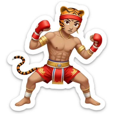A fierce Muay Thai fighter wearing traditional mongkhon headband and elbow/knee wraps, in fighting stance with a tiger-like intensity, compact and stylized, with gold and red accents sticker