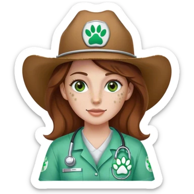 Pale Woman with brown hair and green eyes and freckles on her cheek bones wearing scrubs that have a paw print logo on the scrubs  and a cow girl hat sticker