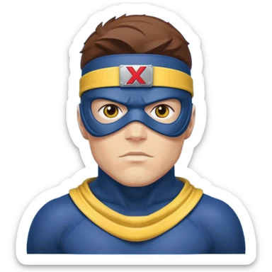 marvel superhero cyclops x-men. blue cowl with iconic yellow visor with red stripe through sticker
